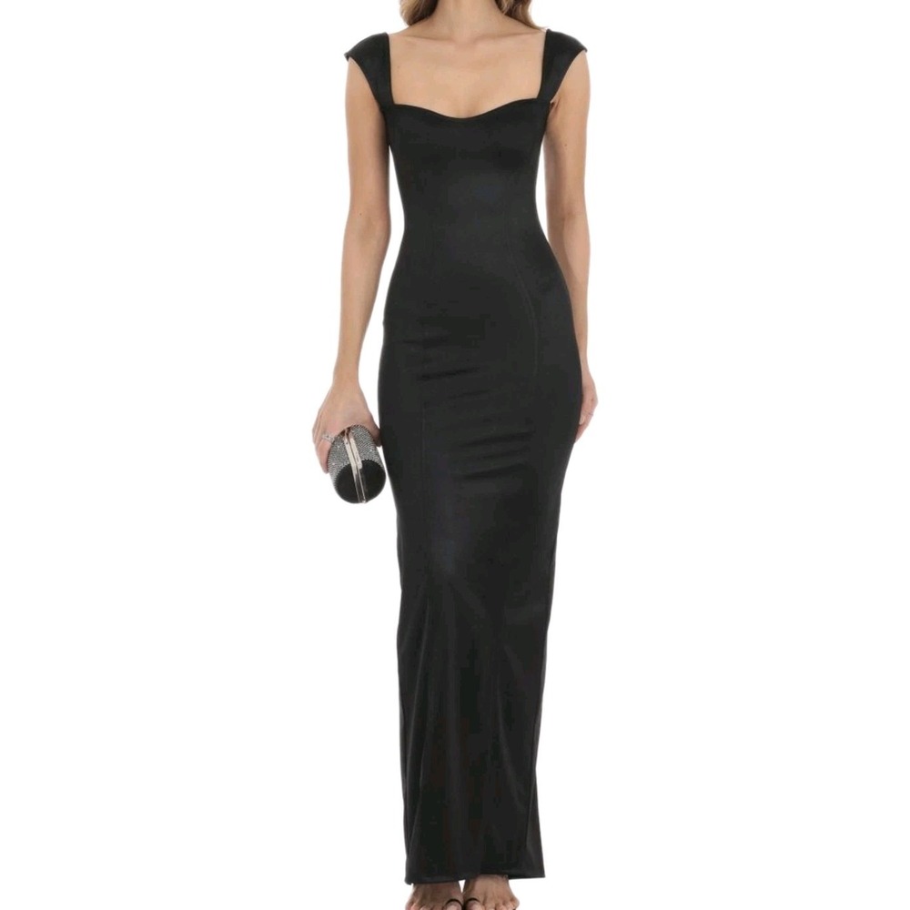 Lucy in the Sky Black Satin Bodycon Maxi Dress Square Neck‎ Cap Sleeve Evening